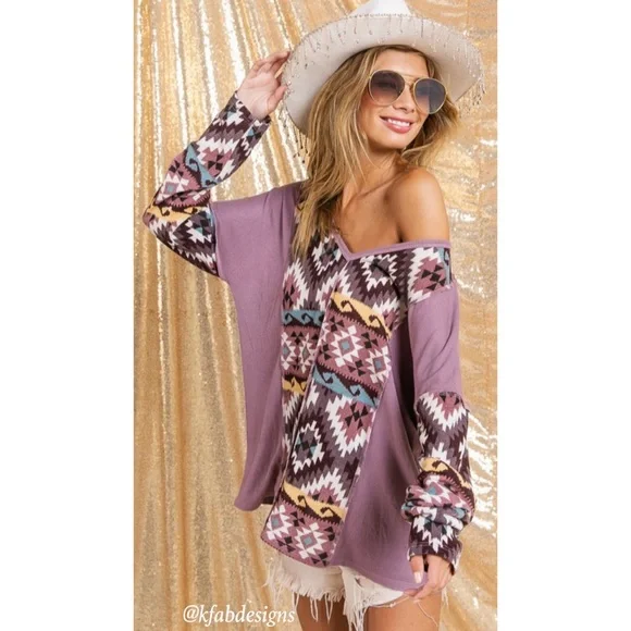LAST 1! V Neck Mauve/Lilac Mix Aztec Print Soft Color Block Top - Picture 2 of 11